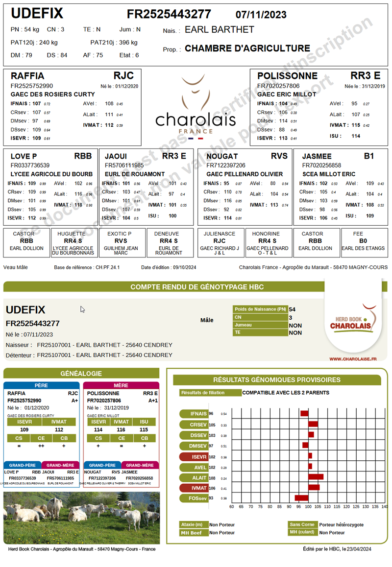 genealogie taureau charolais UDEFIX