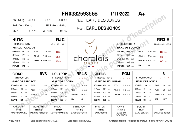 genealogie taureau charolais UNIQUE