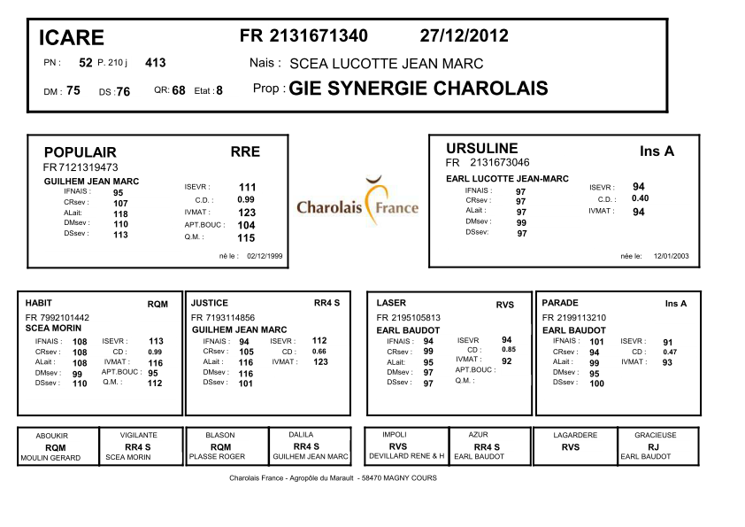 genealogie taureau charolais ICARE