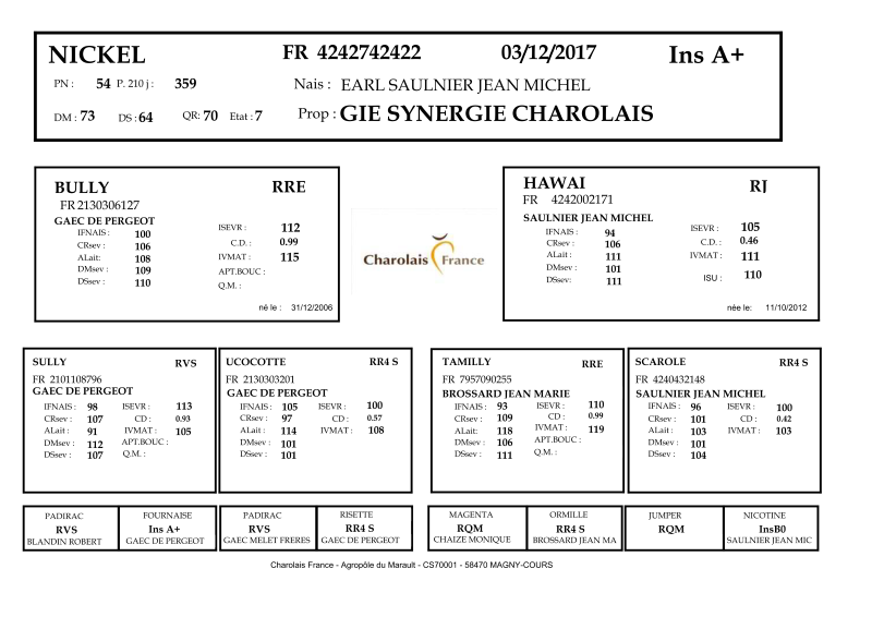 genealogie taureau charolais NICKEL