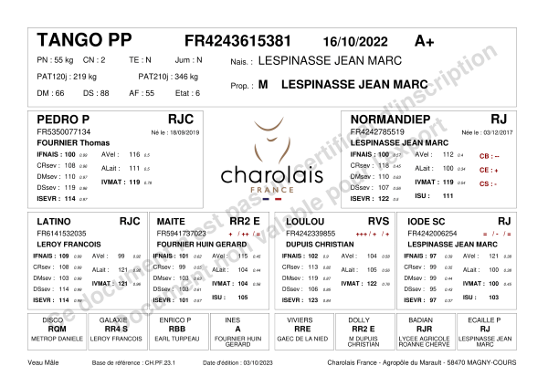genealogie taureau charolais TANGO PP