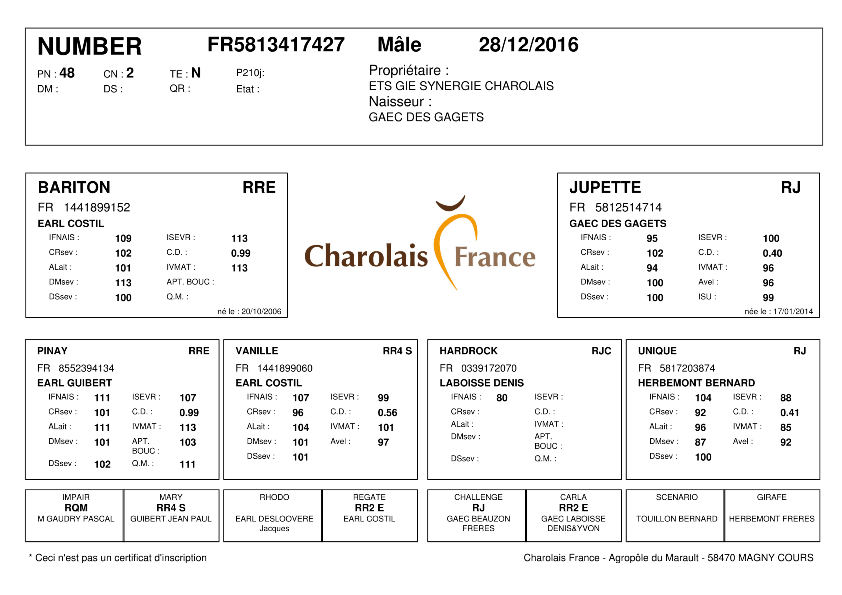 genealogie taureau charolais NUMBER