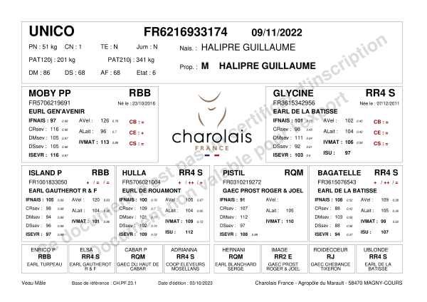 genealogie taureau charolais UNICO