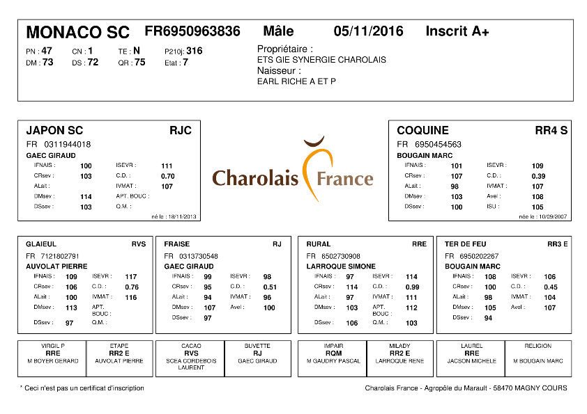 genealogie taureau charolais MONACO SC