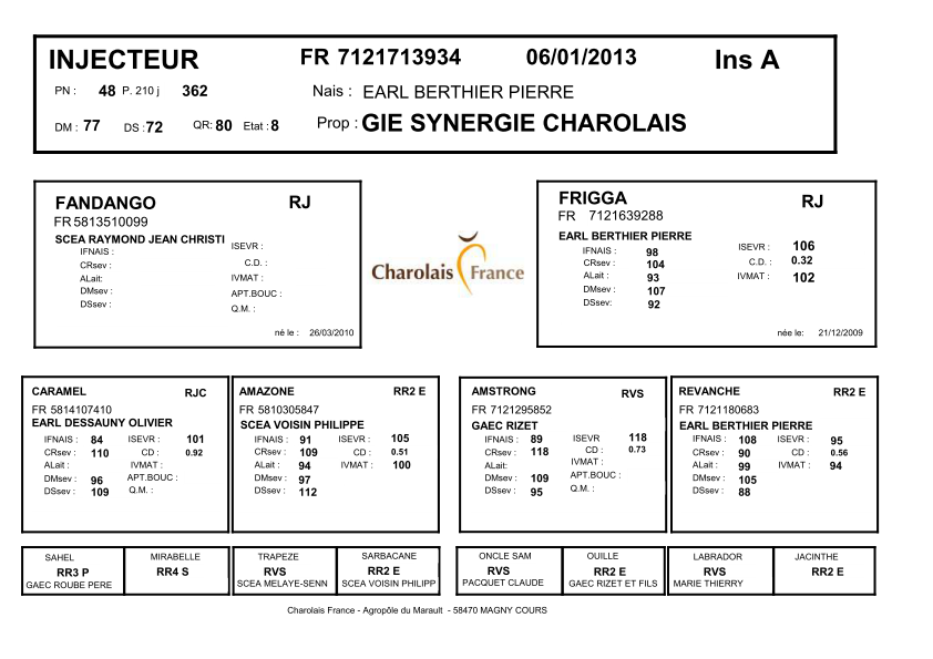 genealogie taureau charolais INJECTEUR