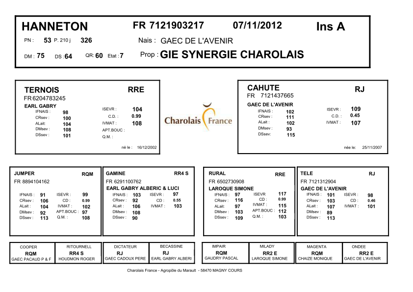 genealogie taureau charolais HANNETON