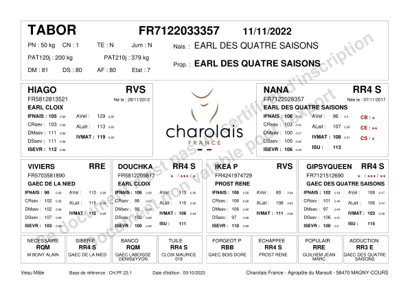 genealogie taureau charolais TABOR