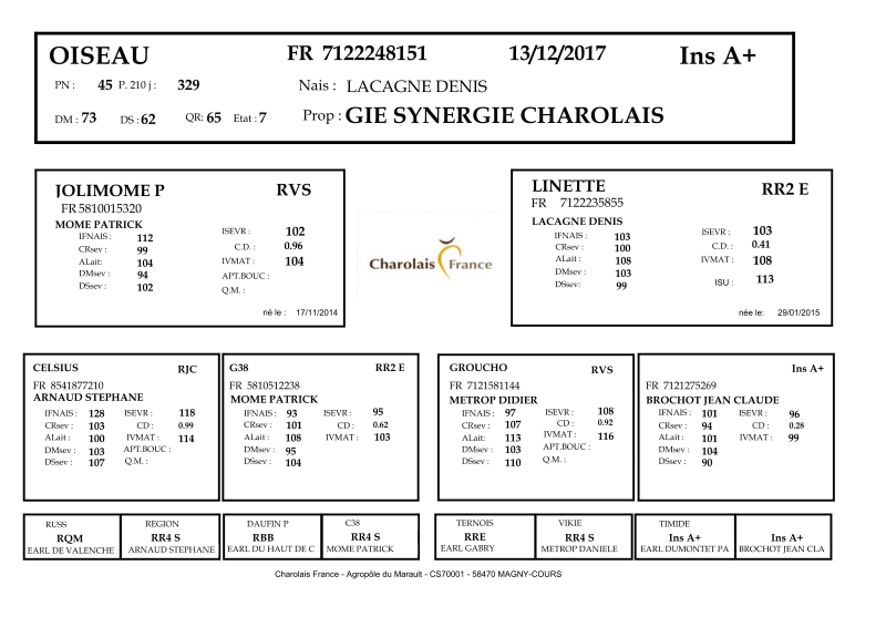 genealogie taureau charolais OISEAU