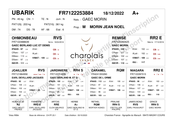 genealogie taureau charolais UBARIK