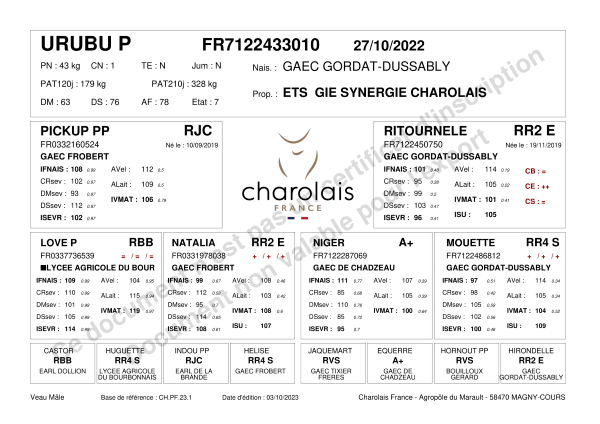 genealogie taureau charolais URUBU P